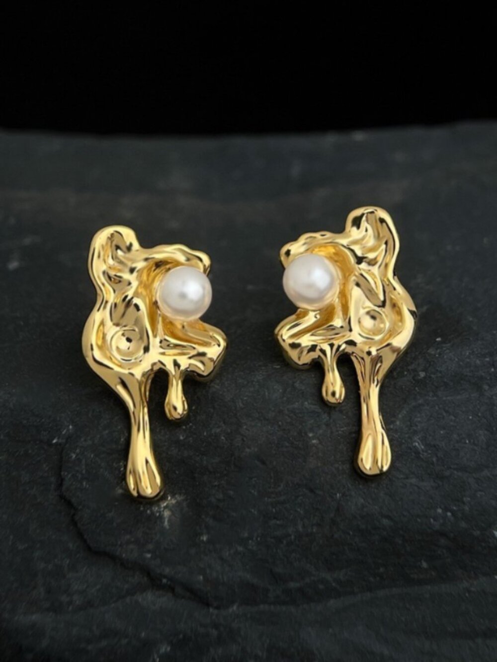 18K Gold Plated Liquid Pearl Stud Earrings Melted Metal Chunky Statement